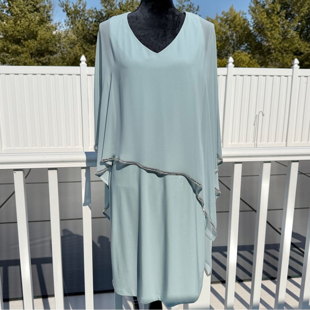 Frank Lyman Rhinestone Crystal Overlay Dress in Aqua Mist Size 14